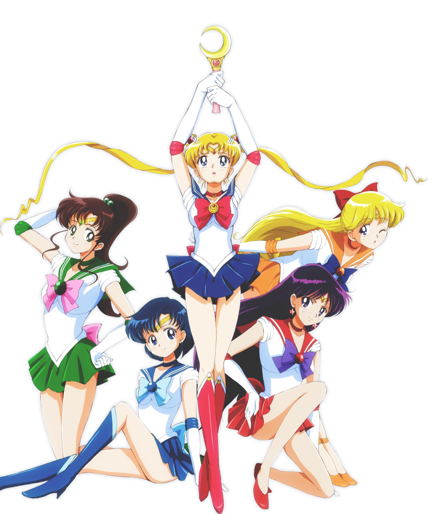 5girls aino_minako bishoujo_senshi_sailor_moon black_hair blonde_hair blue_eyes blue_hair blue_skirt boots bow brown_hair choker double_bun elbow_gloves gloves green_eyes hair_bow highres hino_rei inner_senshi kinfuji kino_makoto long_hair magical_girl mizuno_ami moon_stick multiple_girls ponytail sailor_collar sailor_jupiter sailor_mars sailor_mercury sailor_moon sailor_senshi sailor_venus short_hair skirt tiara tsukino_usagi twintails violet_eyes wand