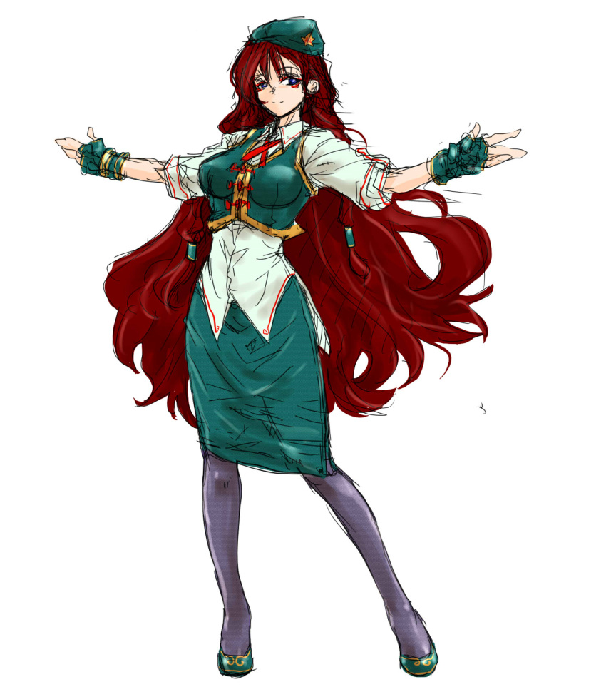 1girl adapted_costume black_legwear blue_eyes cosmetics crop_top fingerless_gloves gloves green_clothes high_heels highres hong_meiling ledjoker07 long_hair looking_at_viewer makeup outstretched_arms pencil_skirt redhead short_sleeves sketch skirt smile solo spread_arms standing touhou very_long_hair white_blouse