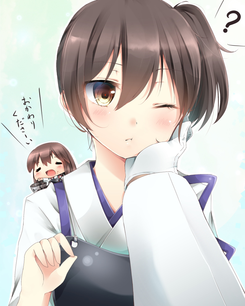2girls ;t ? absurdres akagi_(kantai_collection) blush brown_eyes brown_hair bucket chibi gloves hand_on_another's_cheek hand_on_another's_face highres holding japanese_clothes jiiwara kaga_(kantai_collection) kantai_collection long_hair multiple_girls muneate one_eye_closed open_mouth short_hair side_ponytail spoken_question_mark tasuki translated