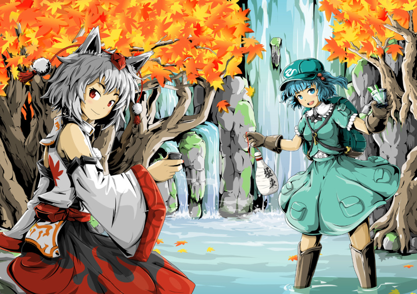 2girls animal_ears autumn_leaves backpack bag blue_eyes blue_hair boots bottle choko_(cup) coba_(bushclover) detached_sleeves forest glass gloves hair_bobbles hair_ornament hat inubashiri_momiji kawashiro_nitori key leaf light_smile looking_at_viewer looking_back maple_leaf multiple_girls nature open_mouth pom_pom_(clothes) red_eyes rock rubber_boots sitting skirt skirt_set smile stream tokin_hat touhou tree twintails wading water waterfall white_hair wolf_ears
