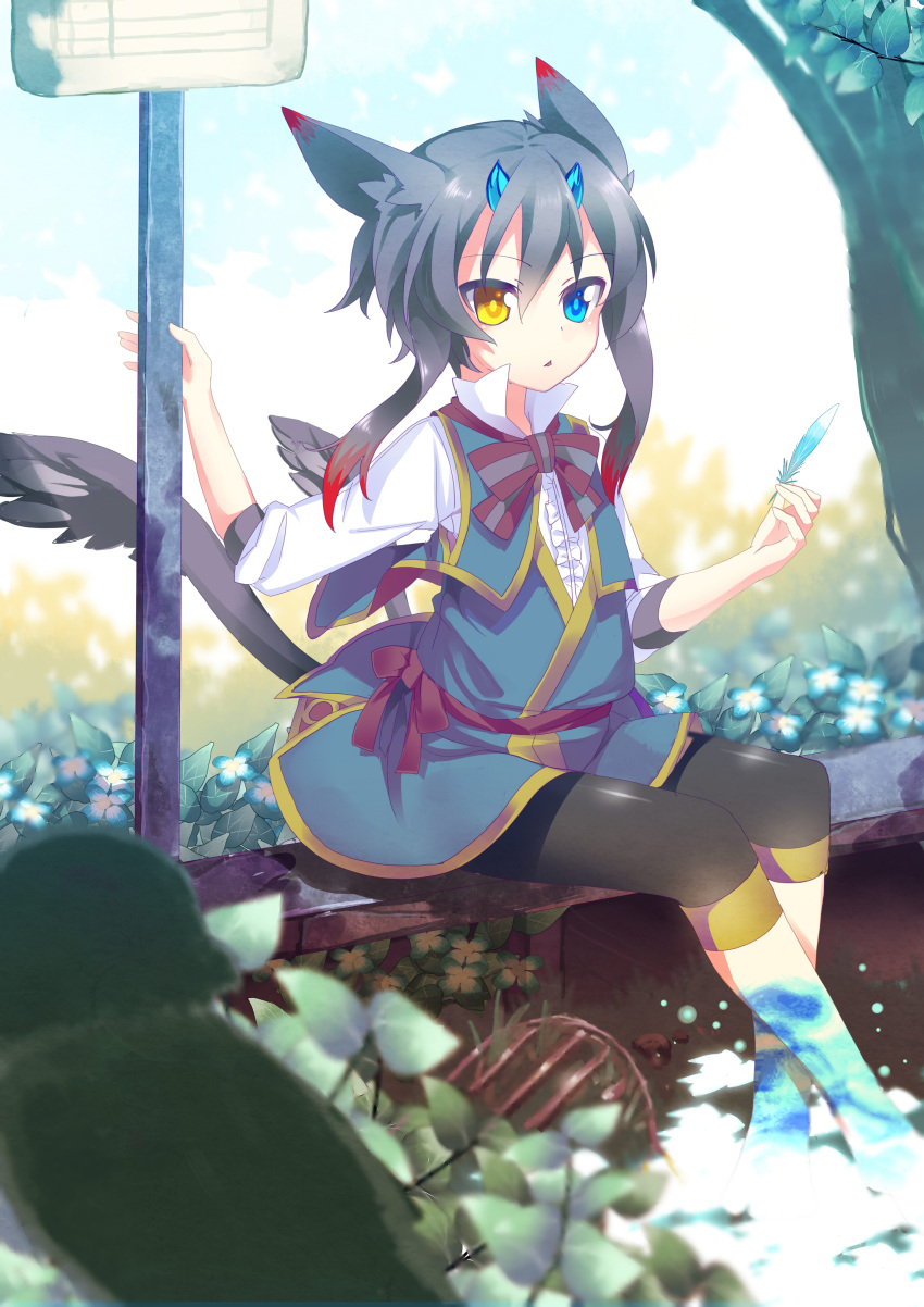 1girl absurdres animal_ears bench black_hair blurry bow cat_ears cat_tail depth_of_field feathers heterochromia highres holding horns looking_at_viewer multiple_tails nyori original short_hair sign sitting solo tail