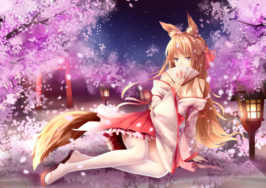 1girl animal_ears arm_support blonde_hair breasts cherry_blossoms cleavage covering_mouth fan floral_print folding_fan fox_ears fox_tail frilled_skirt frills highres japanese_clothes kitsune lying miko night night_sky off_shoulder on_ground original outdoors pleated_skirt sandals skirt sky solo tail thigh-highs torii white_legwear wide_sleeves wooden_lantern yellow_eyes yeluno_meng