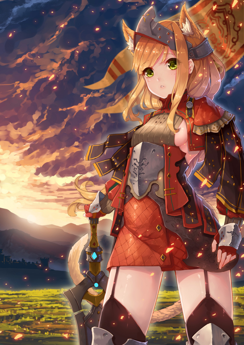 1girl animal_ears armor blonde_hair blush breasts cat_ears cat_tail fangxiang_cuoluan fingerless_gloves flat_chest gloves green_eyes headgear highres long_hair original parted_lips sideboob solo sword tail thigh-highs weapon