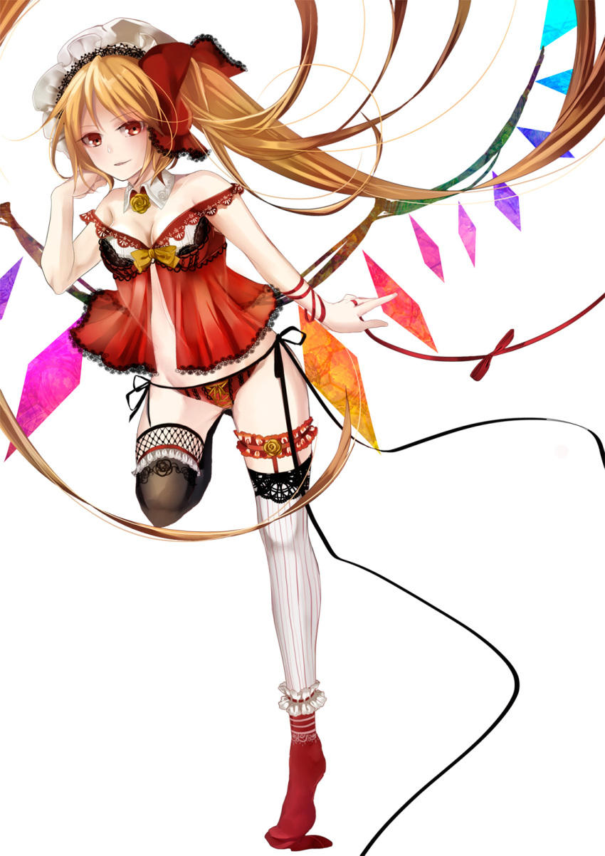 1girl absurdly_long_hair arm_ribbon babydoll blonde_hair bow breasts chemise cleavage flandre_scarlet full_body garters highres lace lace-trimmed_dress lace-trimmed_thighhighs long_hair looking_at_viewer memai mismatched_legwear mob_cap panties parted_lips red_eyes ribbon see-through side-tie_panties side_ponytail simple_background solo thigh-highs touhou underwear underwear_only very_long_hair white_background wings