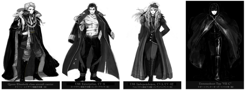 2boys 2girls aircraft_carrier bandages greyscale jacket_on_shoulders makiv military monochrome multiple_boys multiple_girls personification ship submarine tagme uss_enterprise_(cv-6) uss_independence_(cv-62)