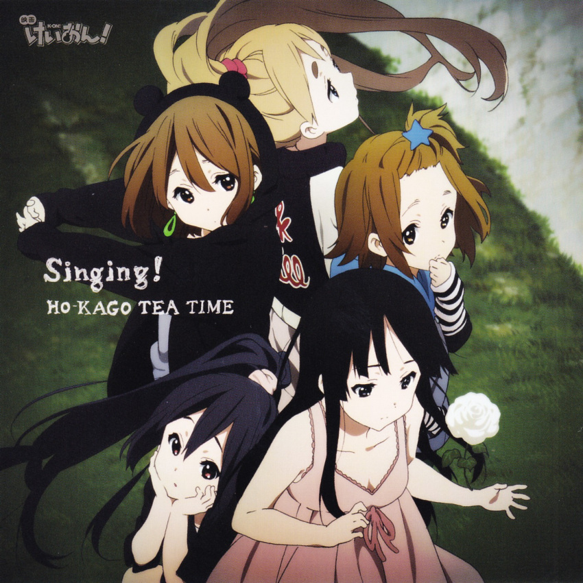 5girls akiyama_mio album_cover black_eyes black_hair blonde_hair blue_eyes brown_eyes brown_hair cover earrings flower hair_ornament hairclip hands_on_own_cheeks hands_on_own_face highres hirasawa_yui hokago_tea_time hoodie jewelry k-on! k-on!_movie kotobuki_tsumugi long_hair multiple_girls nakano_azusa official_art ponytail rose scan short_hair singing! tainaka_ritsu white_rose