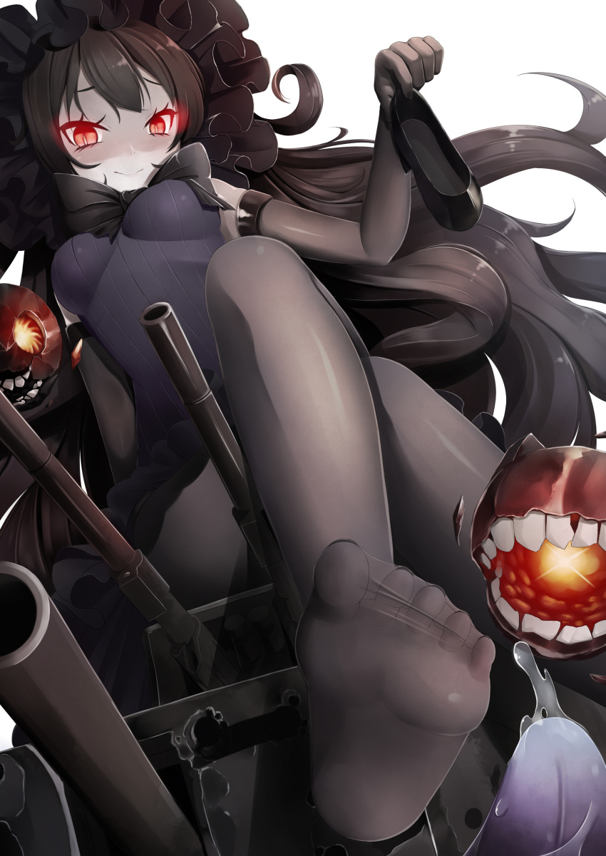 1girl absurdres black_hair black_legwear breasts crossed_legs detached_sleeves dress glowing glowing_eyes gothic_lolita highres isolated_island_oni kantai_collection lolita_fashion long_hair looking_at_viewer pale_skin pantyhose red_eyes sasami_(hallo) shinkaisei-kan shoes_removed simple_background smile solo tongue