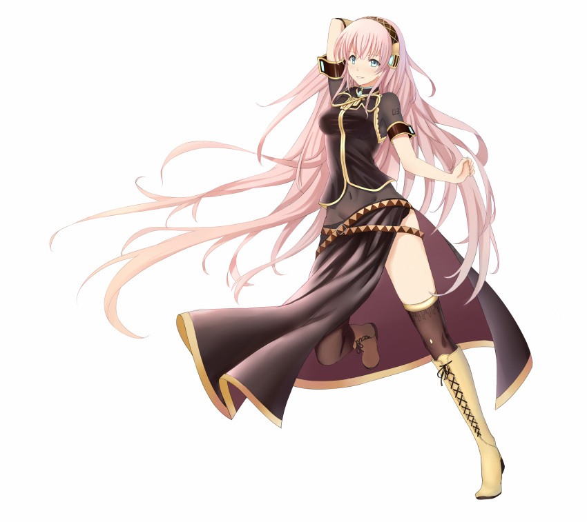 1girl aqua_eyes arm_up belt black_dress black_legwear boots covered_navel cross-laced_footwear dress hairband highres knee_boots long_hair megurine_luka nail_polish pink_hair see-through simple_background solo very_long_hair vocaloid white_background yeluno_meng