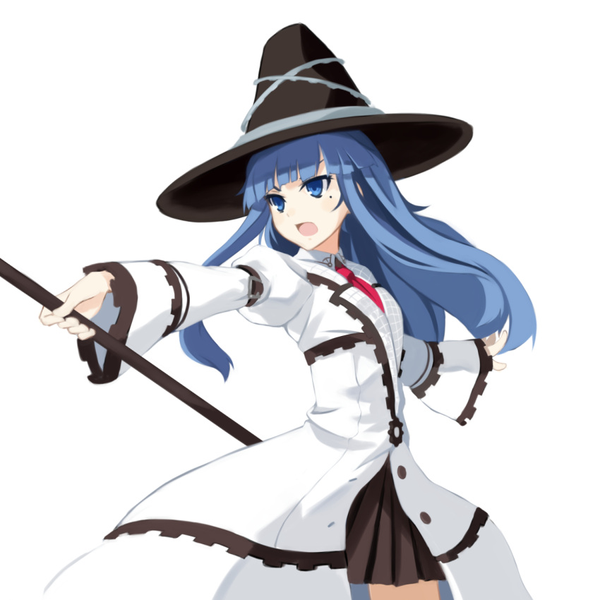 1girl blue_eyes blue_hair choujigen_game_neptune coat hat highres hime_cut long_sleeves mages. mole open_mouth pleated_skirt puffy_long_sleeves puffy_sleeves sai_(bankoru) skirt solo staff witch_hat