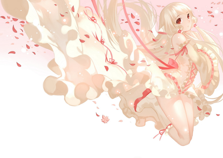 1girl bow chii chobits dress gradient gradient_background joseph_lee long_hair looking_at_viewer parted_lips petals red_eyes silver_hair simple_background solo tagme very_long_hair white_dress