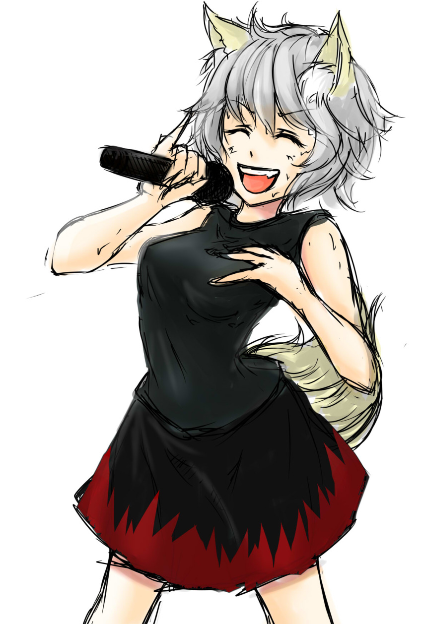 1girl animal_ears bare_shoulders breasts closed_eyes hand_on_own_chest highres inubashiri_momiji microphone open_mouth shinomiya_naka short_hair silver_hair simple_background singing solo tail touhou white_background wolf_ears wolf_tail