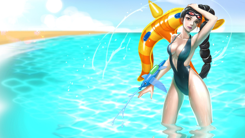 1girl alternate_costume arm_up armpits artist_request barefoot black_hair blue_eyes braid breasts cleavage highres inflatable_toy league_of_legends long_hair looking_at_viewer shauna_vayne solo source_request sunglasses swimsuit thighs very_long_hair water water_gun