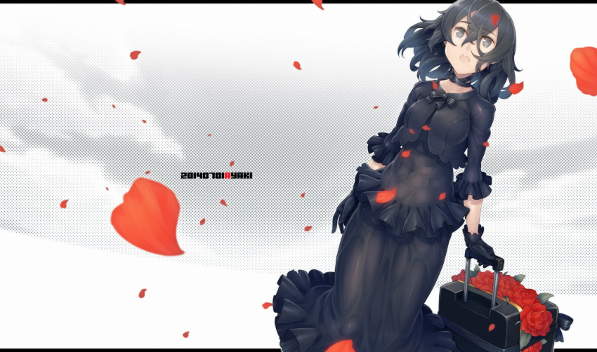 1girl :o ayaki black_hair breasts brown_eyes covered_navel dated flower gloves highres luggage mole open_mouth original pantyhose rose short_hair torn_clothes torn_pantyhose