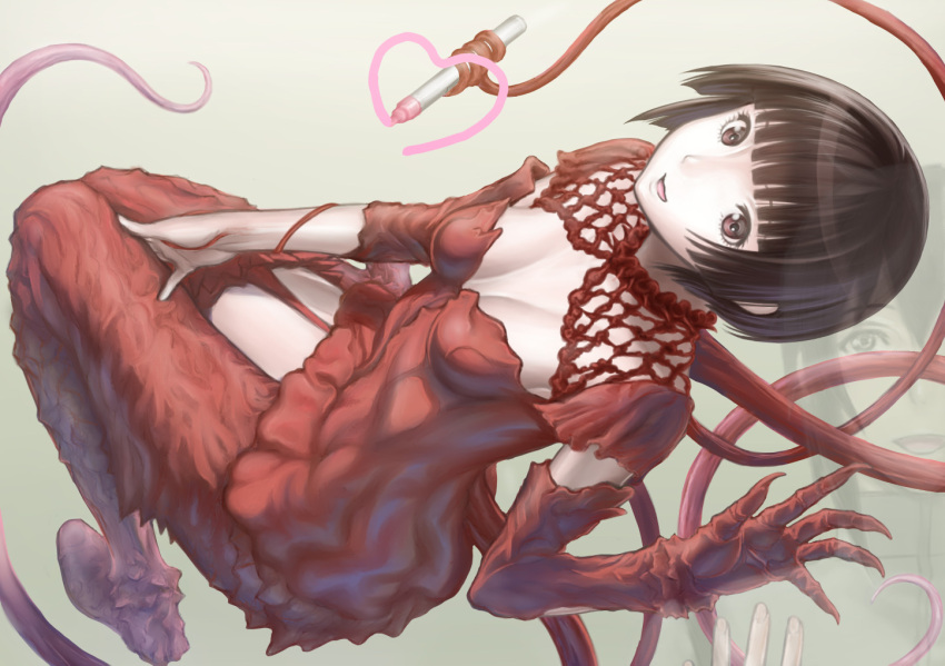 alien bangs black_hair blunt_bangs bob_cut breasts brown_eyes cleavage gauna heart hoshijiro_shizuka kyodairobo monster_girl red_eyes sidonia_no_kishi smile tentacles