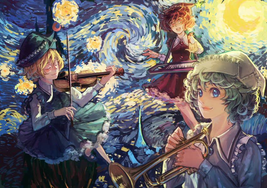 3girls :d blue_eyes blue_sky bow_(instrument) cityscape closed_eyes clouds crescent_moon curly_hair fine_art_parody hat highres instrument keyboard_(instrument) long_sleeves looking_at_viewer lunasa_prismriver lyrica_prismriver merlin_prismriver moon multiple_girls night night_sky open_mouth orange_eyes parody playing_instrument sai_ichirou shirt short_hair siblings sisters skirt skirt_set sky smile star_(sky) starry_night starry_sky touhou trumpet vest vincent_van_gogh violin white_shirt