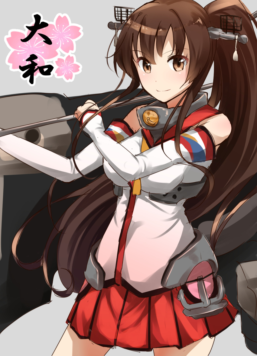 1girl anchor bare_shoulders brown_eyes brown_hair elbow_gloves gloves hair_ornament highres kantai_collection long_hair looking_at_viewer musk_tiger pleated_skirt ponytail radar simple_background skirt smile solo very_long_hair yamato_(kantai_collection)