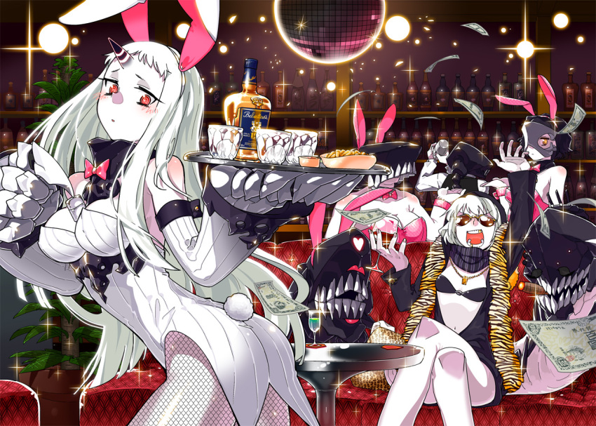 5girls alcohol alternate_costume animal_ears bare_shoulders bartender between_breasts black_hair blush bottle bowtie breasts bunny_girl bunnysuit chi-class_torpedo_cruiser chiba_tsuru claws couch crossed_legs cup detached_collar disco_ball fishnet_pantyhose fishnets ho-class_light_cruiser hood horn jacket kantai_collection large_breasts long_hair long_sleeves mask money multiple_girls navel open_mouth pale_skin pantyhose plant potted_plant rabbit_ears re-class_battleship red_eyes ri-class_heavy_cruiser scarf seaport_hime shinkaisei-kan short_hair silver_hair smile table tray very_long_hair white_hair wrist_cuffs yellow_eyes
