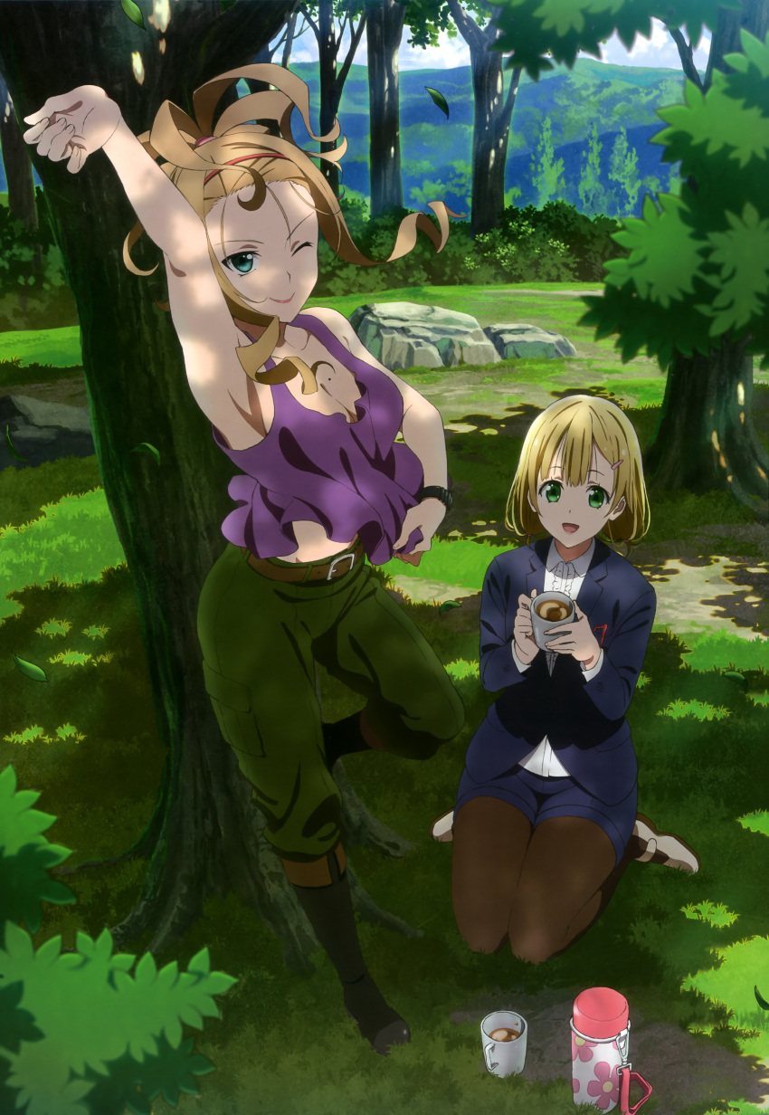 2girls absurdres blonde_hair boots breasts character_request cleavage copyright_request drink green_eyes highres multiple_girls nyantype one_eye_closed open_mouth pantyhose smile