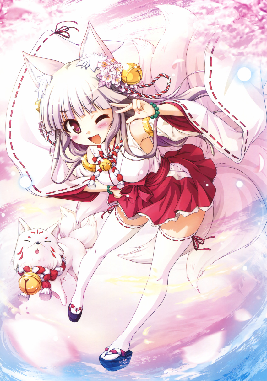 1girl ;d absurdres animal_ears bekkankou bell breasts detached_sleeves fang fox fox_ears fox_tail grey_hair hair_bell hair_ornament highres japanese_clothes miko multiple_tails nontraditional_miko one_eye_closed open_mouth ribbon-trimmed_legwear ribbon-trimmed_sleeves ribbon_trim skirt smile tail thigh-highs v violet_eyes wallpaper white_legwear