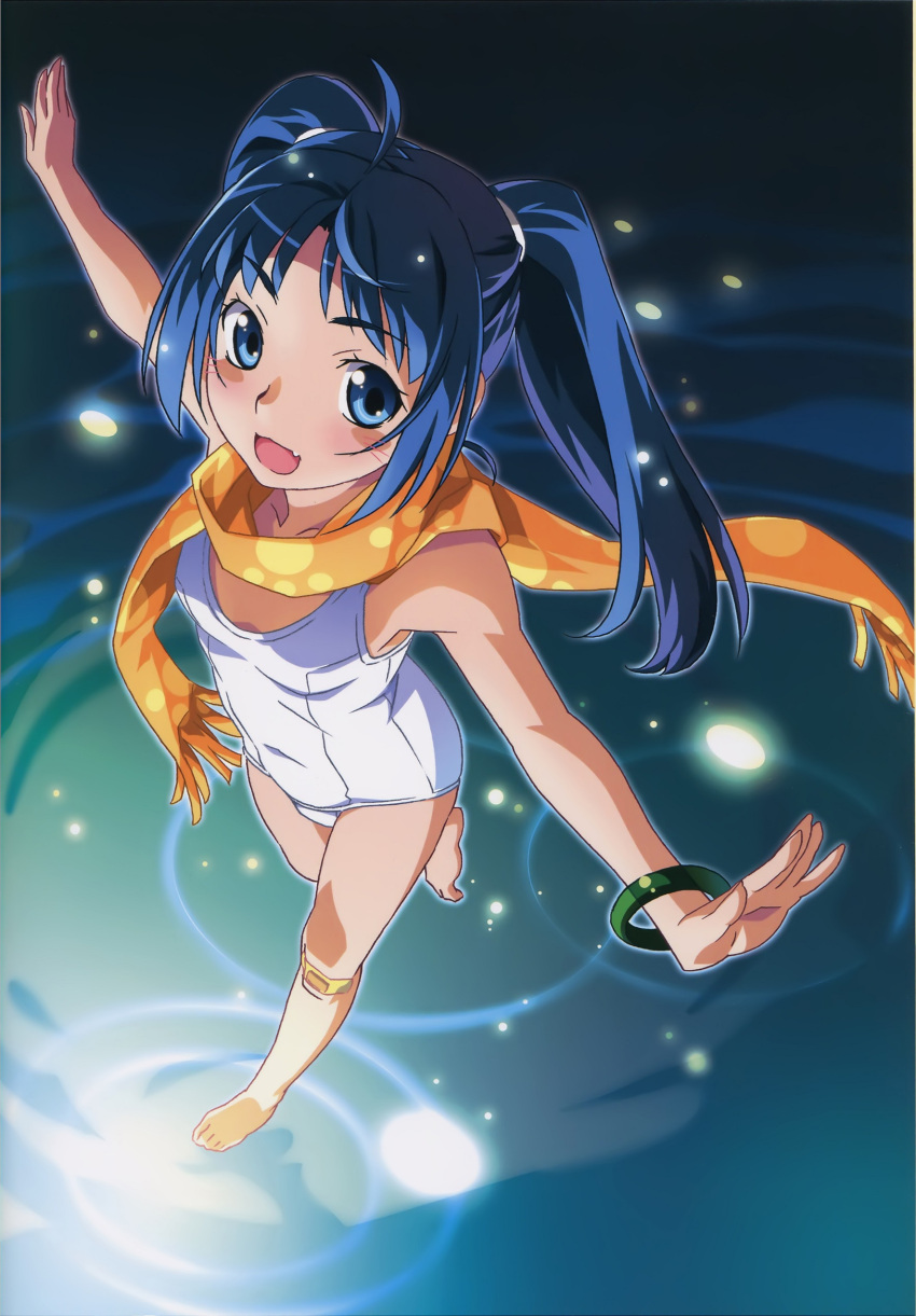 1girl absurdres arms_at_sides artist_request bandaid barefoot blue_eyes blue_hair character_request highres light_particles long_hair open_mouth scarf school_swimsuit solo swimsuit twintails white_school_swimsuit white_swimsuit