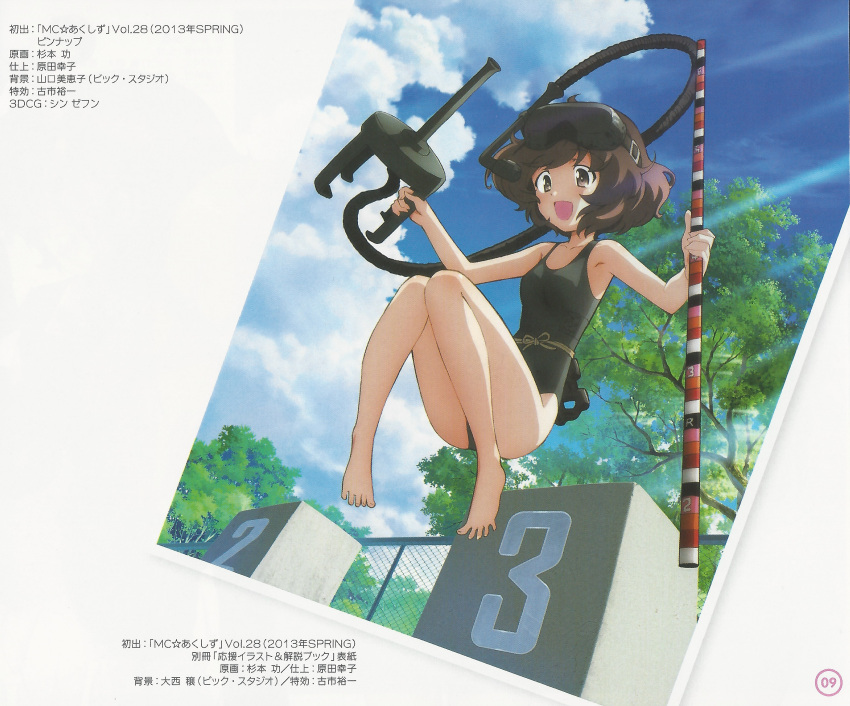 1girl absurdres black_swimsuit brown_eyes brown_hair casual_one-piece_swimsuit clouds girls_und_panzer goggles highres holding jumping measuring_stick messy_hair nishizumi_miho official_art one-piece_swimsuit open_mouth outdoors pool scan sky smile snorkel solo sugimoto_isao swimsuit tree
