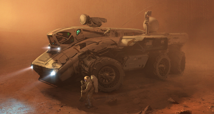 astronaut desert dust dust_cloud highres mars motor_vehicle original realistic science_fiction shovel truck vehicle worktool