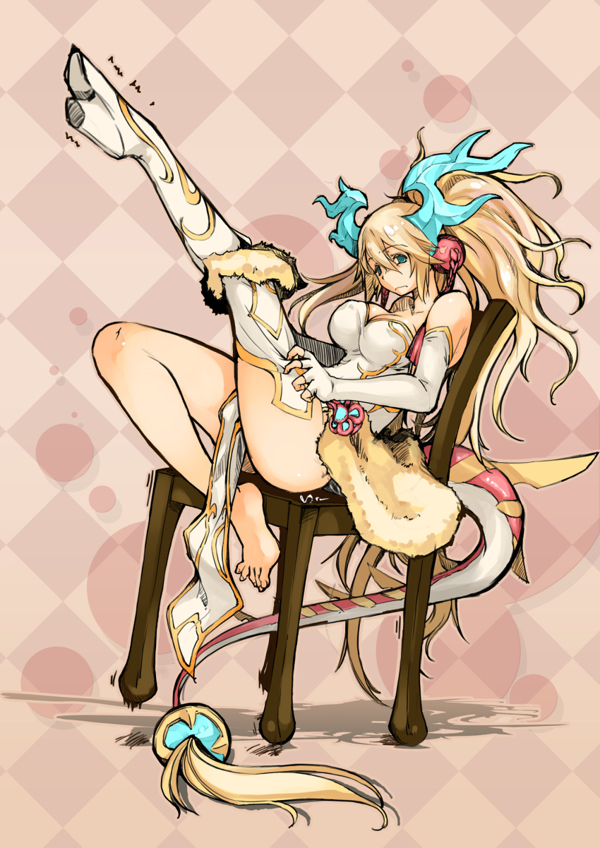 1girl bare_legs barefoot blonde_hair blue_eyes boots breasts chair chair_in_motion cleavage colored_eyelashes diamond_(symbol) dress dressing feet frown fur_trim gloves hair_ornament high_heel_boots high_heels highres horns knee_boots large_breasts leg_up legs long_hair looking_away partially_undressed patterned patterned_background pulling purple_background putting_on_shoes puzzle_&amp;_dragons sakuya_(p&amp;d) single_shoe sitting sitting_on_object solo spikes spots tail tail_ornament toenails trembling twintails white_clothes white_dress white_gloves white_legwear zutta