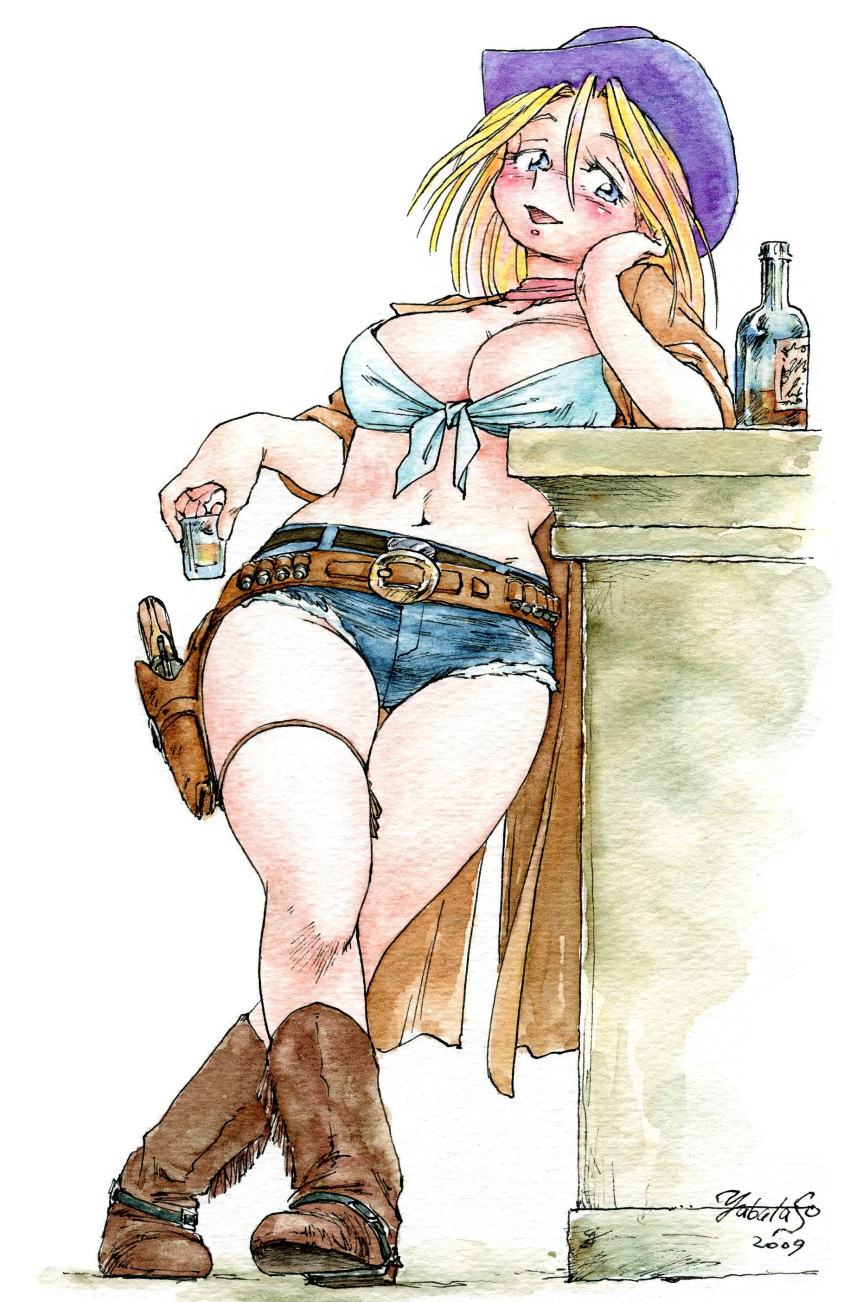 1girl absurdres alcohol bar blonde_hair blue_eyes blush boots breasts chin_rest cleavage cowboy_boots cowboy_hat crossed_legs cutoffs denim denim_shorts ellie_winslet full_body gun hat highres holster large_breasts long_coat long_hair midriff navel neckerchief original revolver short_hair shorts signature smile solo standing tied_shirt weapon western whiskey yabataso