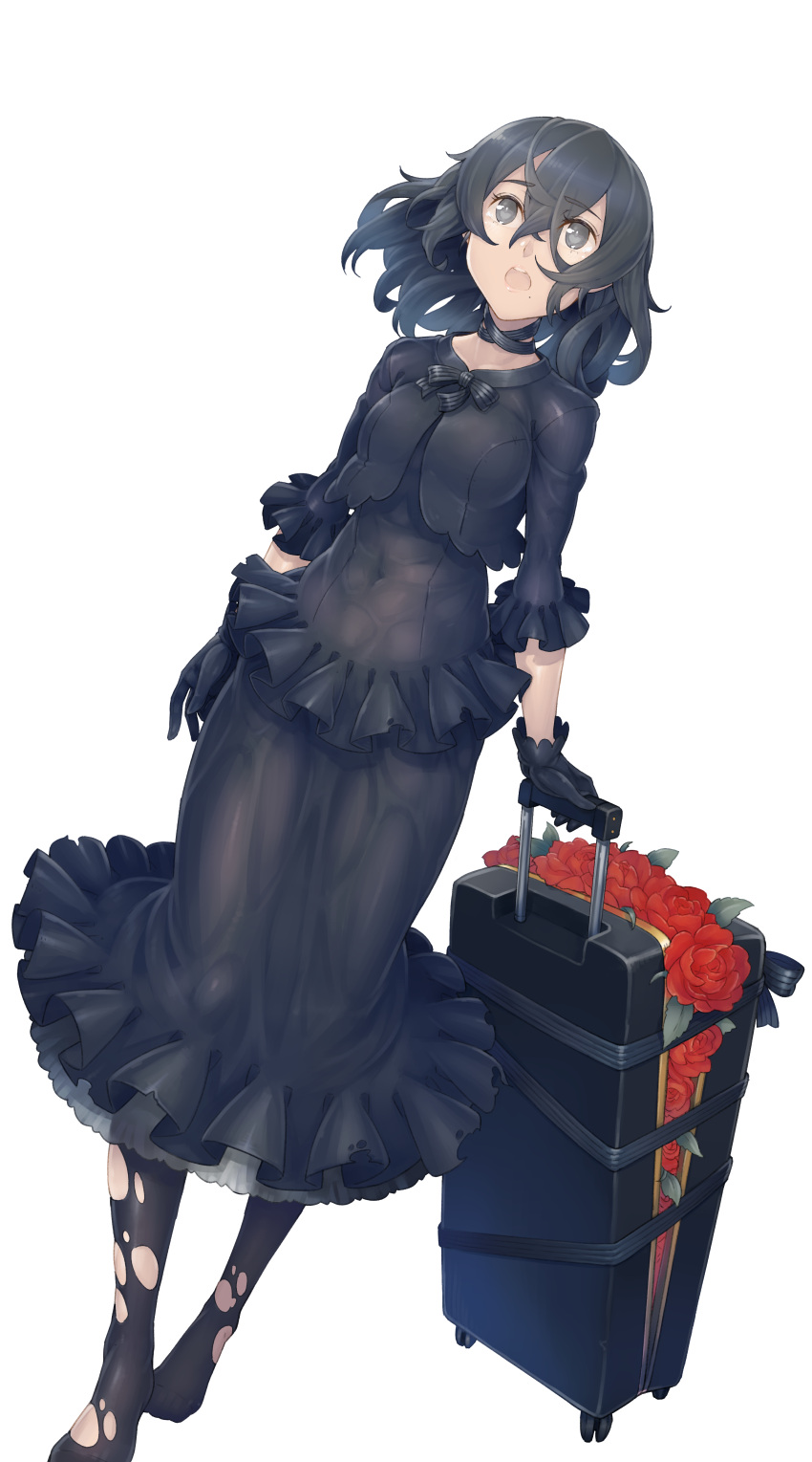 1girl :o absurdres ayaki black_hair breasts brown_eyes covered_navel flower gloves highres luggage mole open_mouth original pantyhose rose short_hair simple_background torn_clothes torn_pantyhose white_background