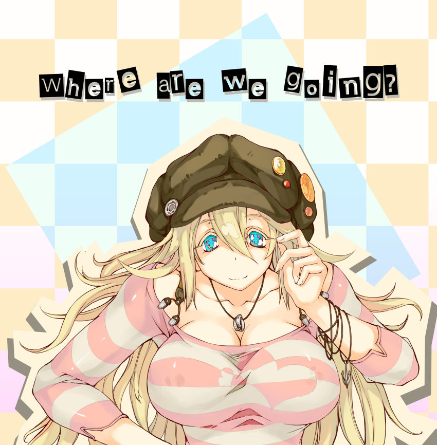 1girl alternate_costume alternate_hairstyle anchor badge beanie blonde_hair blue_eyes breasts button_badge checkered checkered_background cleavage collarbone colored_eyelashes english fingernails flower-shaped_pupils green_hat hat heart highres jewelry large_breasts long_hair long_sleeves looking_at_viewer multicolored_eyes necklace no_horn off_shoulder pink_eyes puzzle_&amp;_dragons ring ring_necklace sakuya_(p&amp;d) shirt smile solo striped striped_shirt symbol-shaped_pupils text zutta
