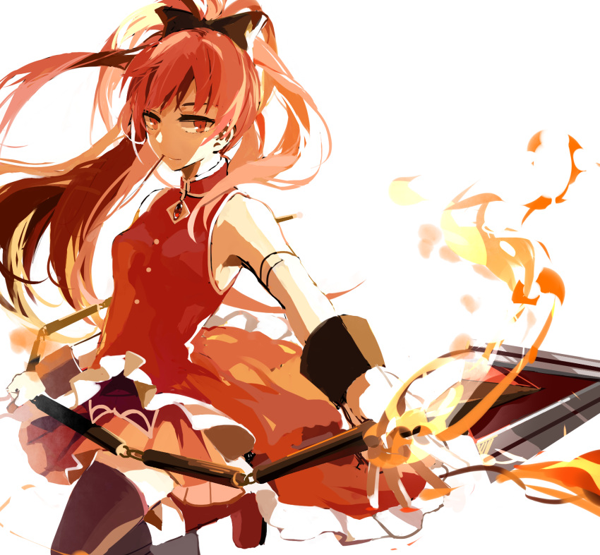 1girl bow food_in_mouth hair_bow highres long_hair mahou_shoujo_madoka_magica mouth_hold pocky polearm ponytail red_eyes redhead sakura_kyouko simple_background solo soul_gem spear thigh-highs weapon white_background zettai_ryouiki zgxuke