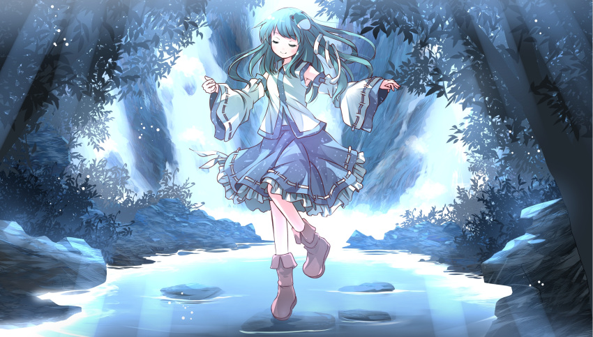 1girl ^_^ closed_eyes detached_sleeves forest frog_hair_ornament green_hair hair_ornament highres kochiya_sanae long_hair long_sleeves moonlight nature outstretched_arms pond risutaru shirt skirt smile snake_hair_ornament solo standing_on_one_leg stone touhou wide_sleeves