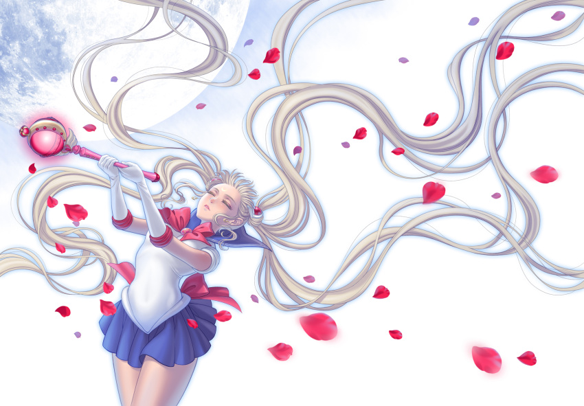1girl bishoujo_senshi_sailor_moon blonde_hair blue_skirt bow brooch closed_eyes cutie_moon_rod double_bun eclosion elbow_gloves gloves hair_ornament hairpin highres jewelry long_hair petals pleated_skirt ribbon sailor_collar sailor_moon skirt solo tsukino_usagi twintails very_long_hair wand white_gloves