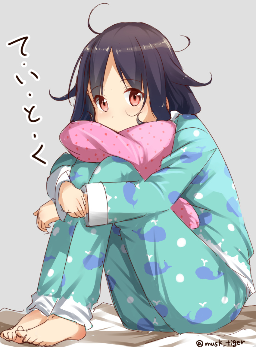 1girl ahoge alternate_costume black_hair highres kantai_collection long_hair looking_at_viewer musk_tiger pajamas pillow pillow_hug red_eyes simple_background sitting solo taigei_(kantai_collection) twitter_username