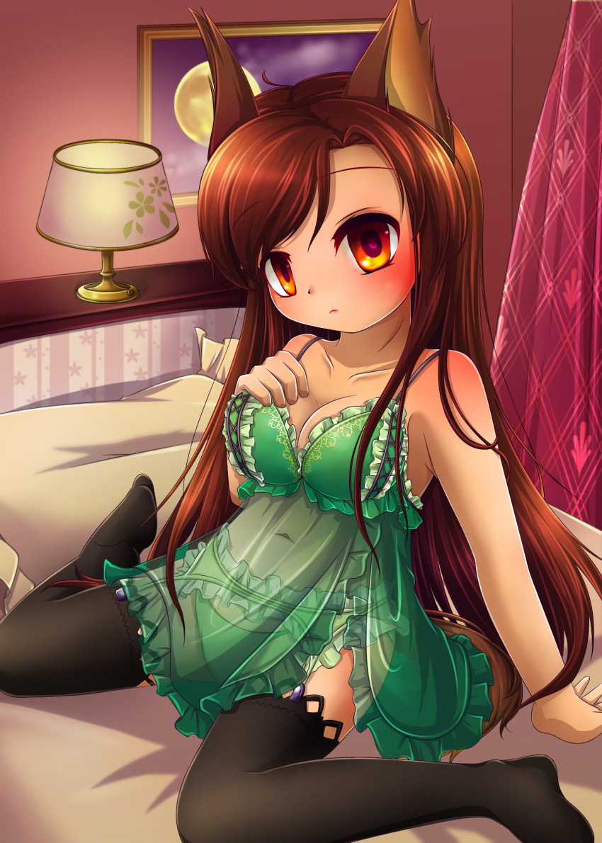 1girl animal_ears bed black_legwear blush breasts brown_hair collarbone hand_on_own_chest highres imaizumi_kagerou kakiikada large_breasts long_hair looking_at_viewer midriff navel panties red_eyes see-through sitting sitting_on_bed solo tail touhou underwear underwear_only wolf_ears wolf_tail
