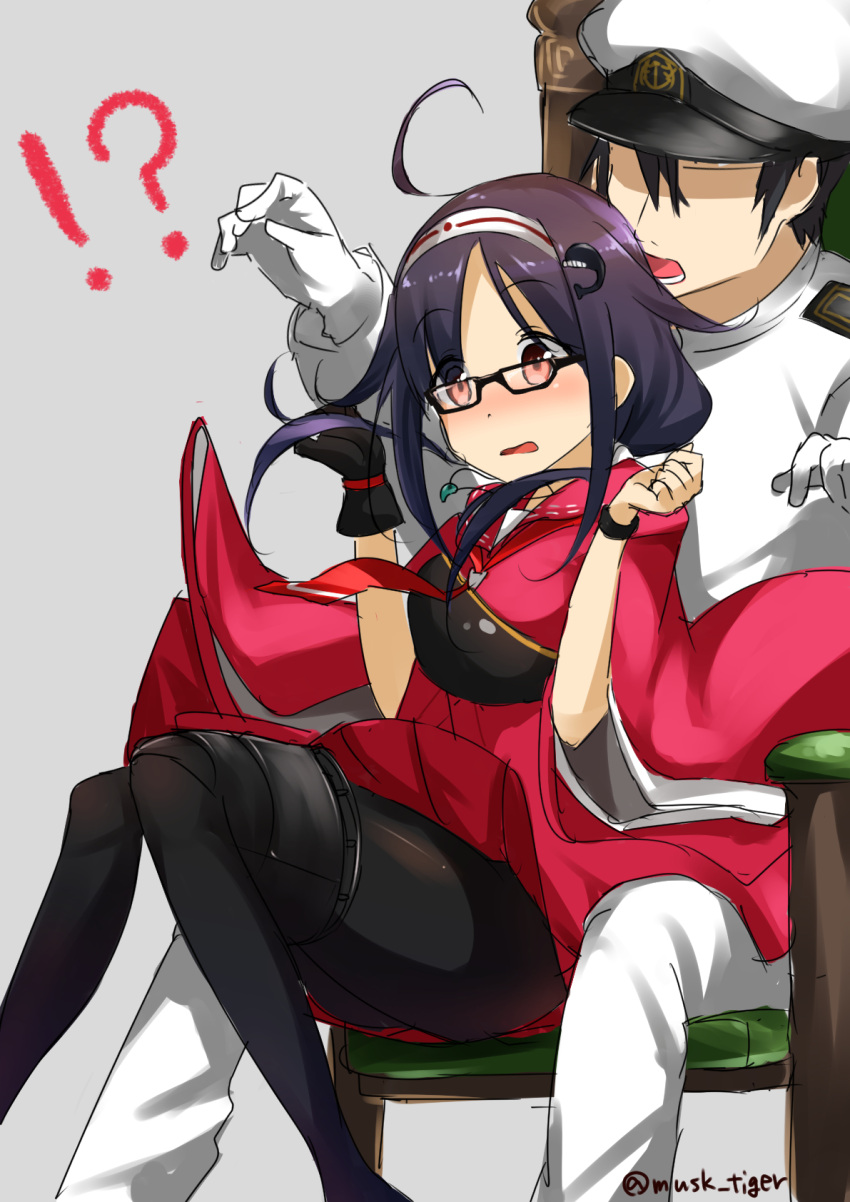 !? 1boy 1girl admiral_(kantai_collection) ahoge bespectacled blush bracelet faceless faceless_male glasses hairband hat highres japanese_clothes jewelry kantai_collection military muneate musk_tiger necklace pantyhose peaked_cap purple_hair red_eyes ryuuhou_(kantai_collection) single_glove sitting taigei_(kantai_collection) twitter_username whale_hair_ornament