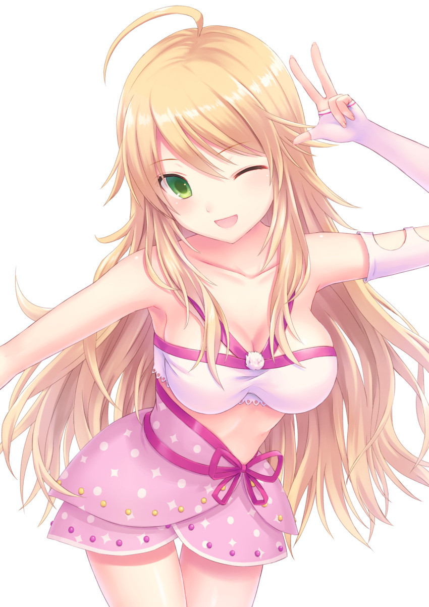 1girl ahoge bare_shoulders bent_over bikini_top blonde_hair breasts cleavage collarbone elbow_gloves fingerless_gloves gloves green_eyes highres hoshii_miki idolmaster large_breasts long_hair looking_at_viewer midriff n.g. one_eye_closed open_mouth pose simple_background single_glove skirt smile solo very_long_hair white_background