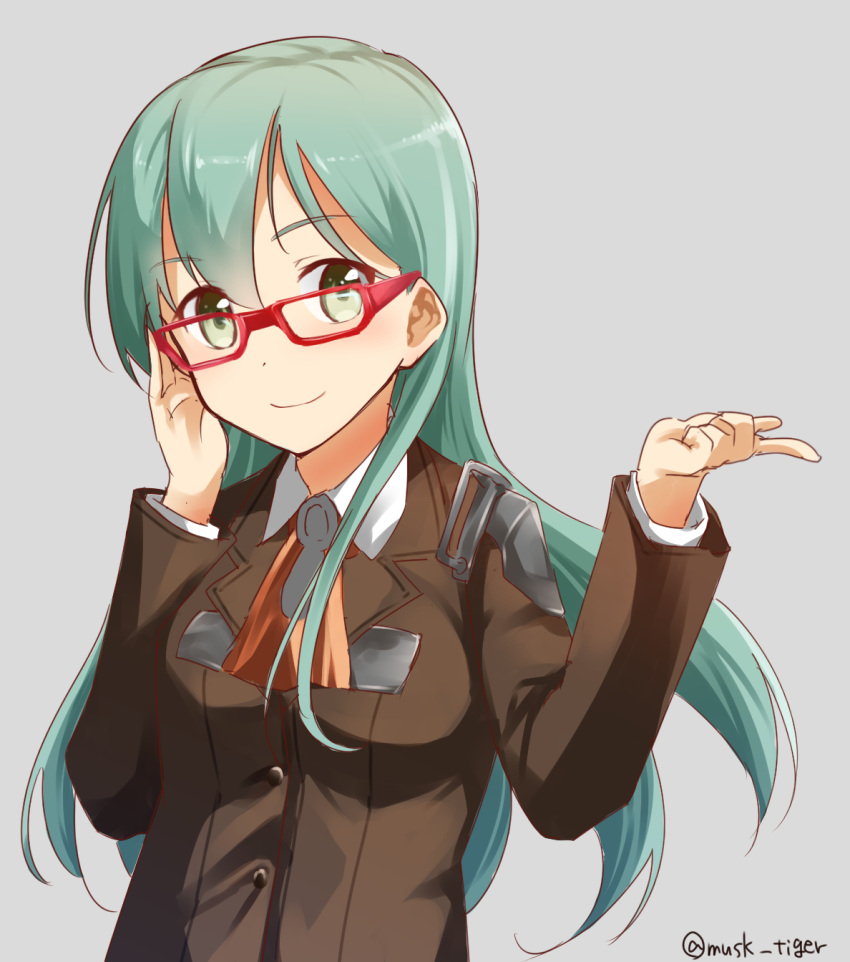 1girl aqua_eyes ascot bespectacled glasses highres kantai_collection long_hair long_sleeves looking_at_viewer musk_tiger pointing school_uniform simple_background solo suzuya_(kantai_collection) twitter_username