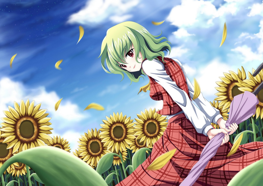 1girl arms_behind_back ascot blue_sky breasts closed_umbrella clouds dutch_angle field flower flower_field green_hair kazami_yuuka long_sleeves looking_at_viewer outdoors parted_lips petals plaid plaid_skirt plaid_vest red_eyes short_hair skirt sky solo sunflower touhou umbrella wind zqhzx