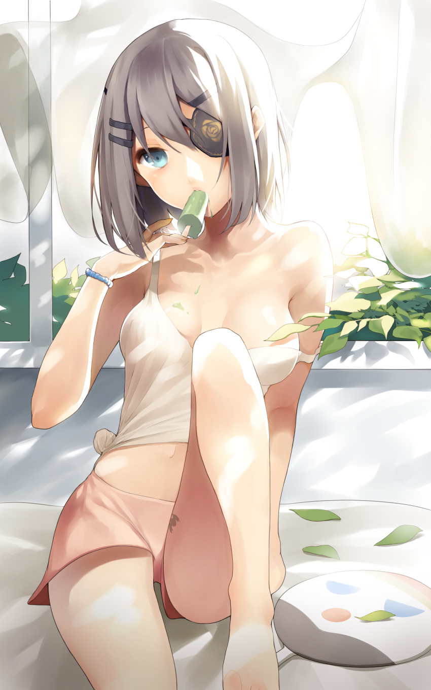 1girl absurdres bat_print blue_eyes bracelet bush curtains dripping eyepatch food hair_ornament highres holding iri_flina jewelry leaf leenim melting plant popsicle short_hair shorts silver_hair sitting solo sword_girls tank_top window