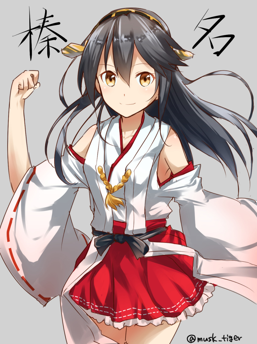 1girl bare_shoulders black_hair detached_sleeves frilled_skirt frills hairband haruna_(kantai_collection) highres japanese_clothes kantai_collection long_hair musk_tiger nontraditional_miko raised_fist simple_background skirt smile solo twitter_username yellow_eyes
