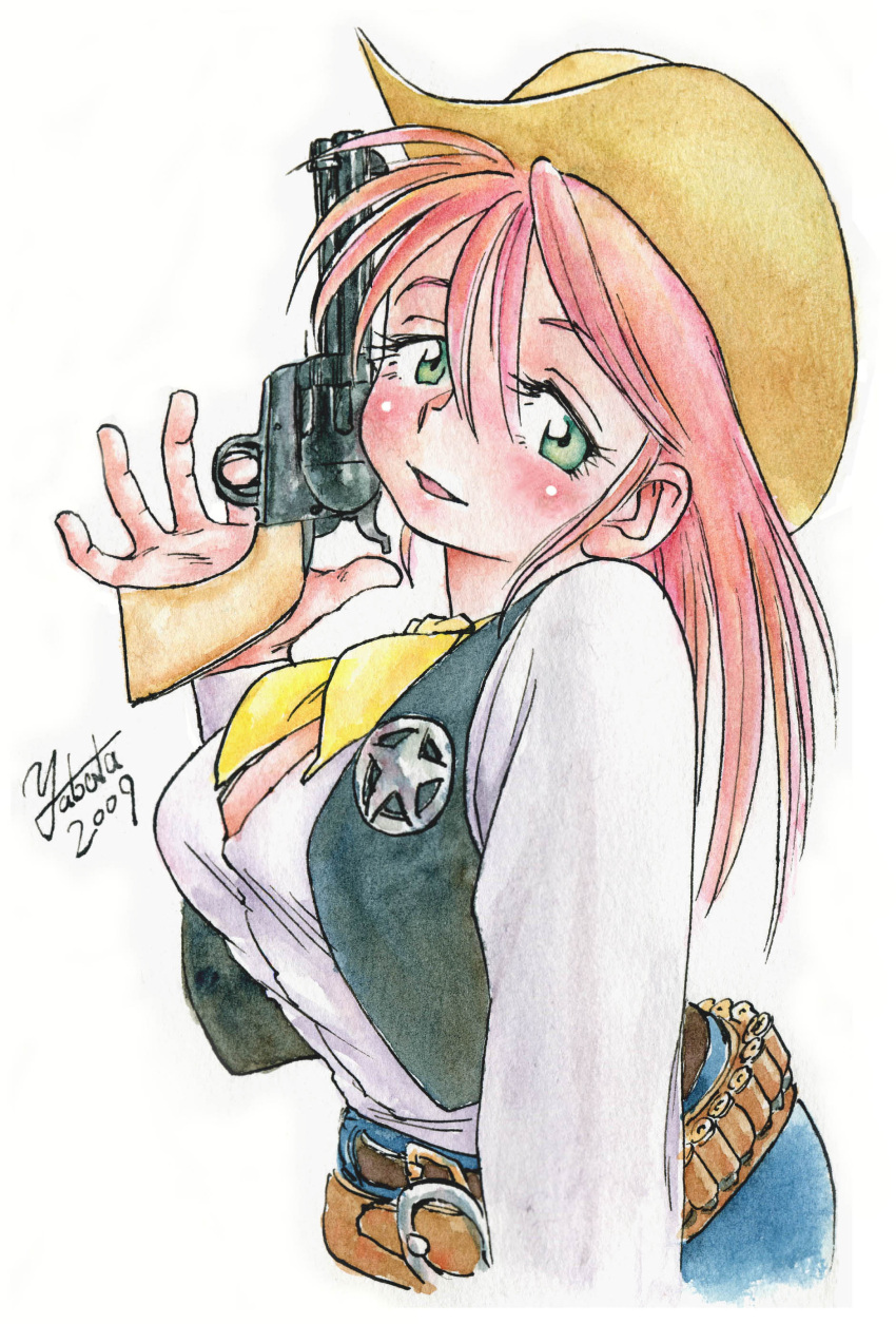 1girl absurdres belt blush breasts bust cowboy_hat green_eyes gun hat head_tilt highres holster large_breasts lily_camberland long_hair looking_at_viewer neckerchief original pink_hair pistol revolver sheriff sheriff_badge sideboob solo vest weapon western yabataso