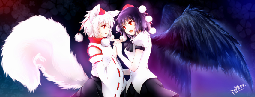 2girls absurdres animal_ears bird_wings black_hair black_wings detached_sleeves dress_shirt hands_clasped hands_together hat hat_ribbon high_collar highres holding_hands inubashiri_momiji looking_at_another multiple_girls open_mouth pom_pom_(clothes) puffy_short_sleeves puffy_sleeves red_eyes ribbon shameimaru_aya shirt short_hair short_sleeves skirt tail tokin_hat touhou wings wolf_ears wolf_tail