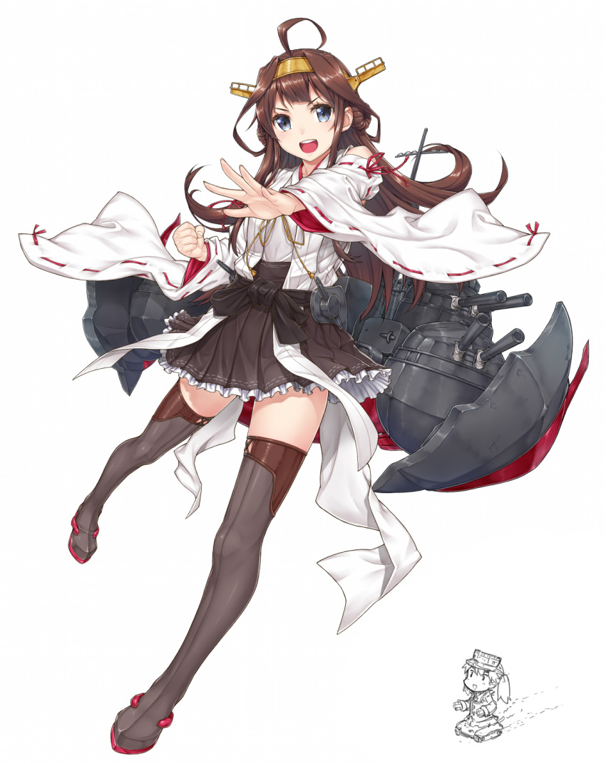 2girls ahoge bare_shoulders blue_eyes brown_hair chibi clenched_hand detached_sleeves double_bun frilled_skirt frills hairband highres japanese_clothes kantai_collection komase_(jkp423) kongou_(kantai_collection) lace lace-trimmed_thighhighs long_hair machinery military military_vehicle multiple_girls nontraditional_miko open_mouth outstretched_hand pleated_skirt ryuujou_(kantai_collection) skirt tank thigh-highs twintails vehicle visor_cap white_background zettai_ryouiki