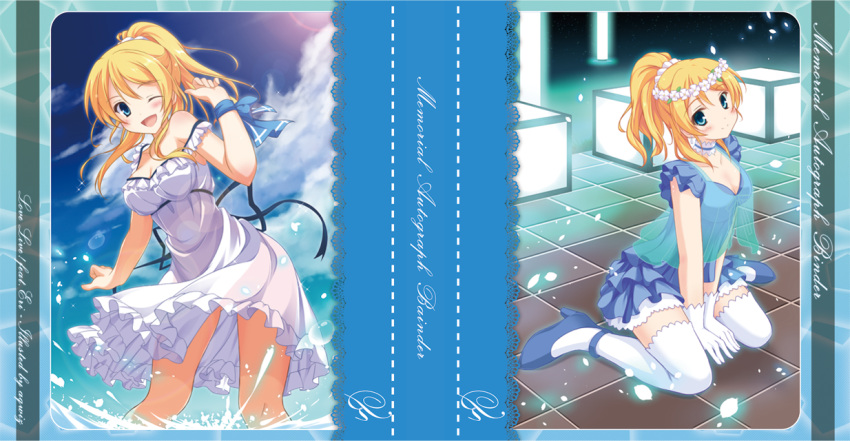 aqwiz arm_up ayase_eli blonde_hair blue_eyes bow choker clouds dress dual_persona english flower flower_on_head gloves high_heels kneeling layered_skirt long_hair looking_at_viewer love_live!_school_idol_project one_eye_closed open_mouth petals ponytail ribbon skirt sky sleeveless sleeveless_dress smile solo standing thigh-highs tile_floor tiles water zettai_ryouiki