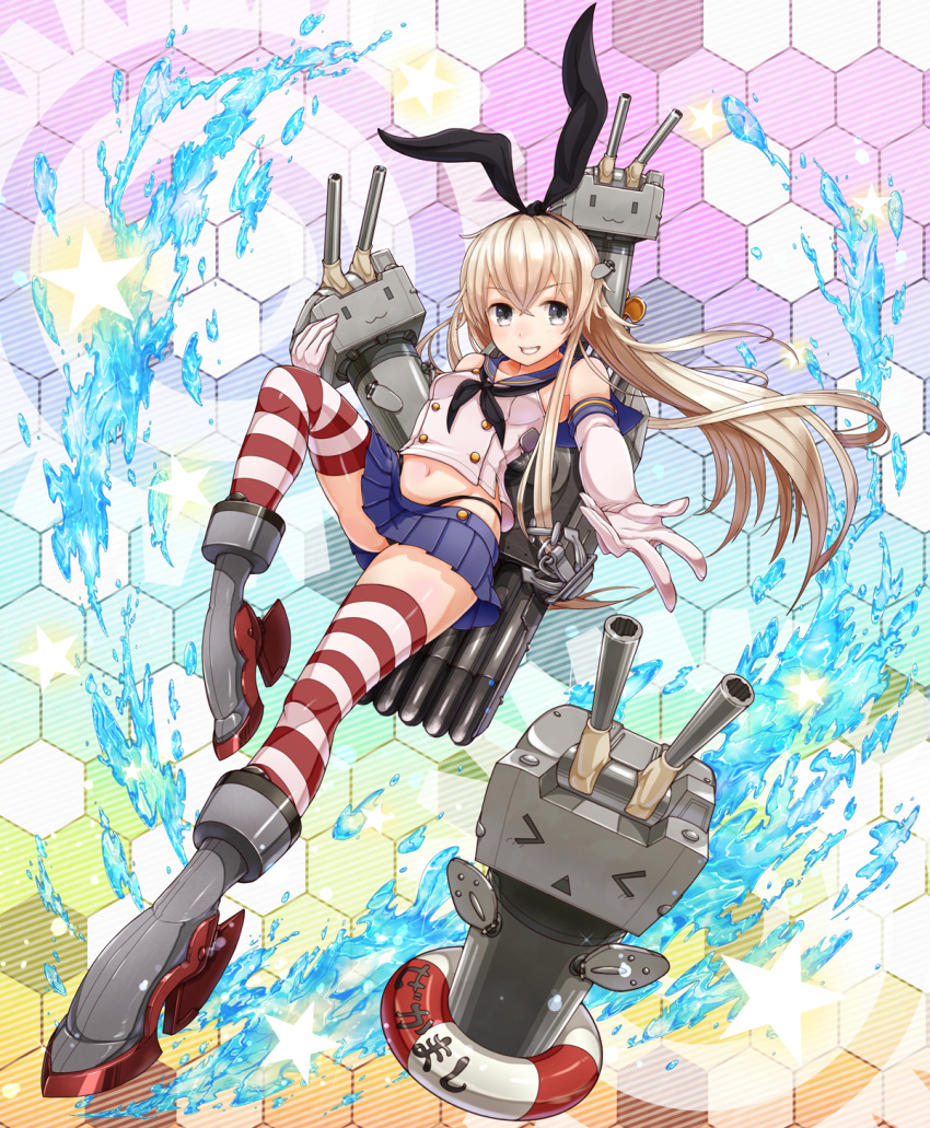 &gt;_&lt; 1girl :3 bare_shoulders blonde_hair boots bow elbow_gloves gloves grin hair_bow hairband highres kantai_collection long_hair looking_at_viewer machinery midriff navel neckerchief outstretched_arms outstretched_hand pleated_skirt rensouhou-chan revision shimakaze_(kantai_collection) skirt smile solo splashing striped striped_legwear thighhighs toshi_gahara triangle_mouth water |_|