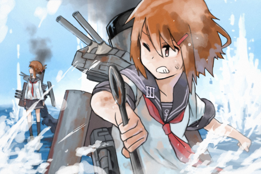 2girls artist_request brown_eyes brown_hair clenched_teeth hair_ornament hairclip ikazuchi_(kantai_collection) inazuma_(kantai_collection) kantai_collection multiple_girls one_eye_closed personification sailor_collar short_hair skirt sky smoke water
