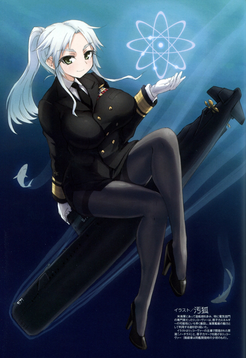 1girl animal atom black_legwear black_shoes black_skirt blue_background blush breasts buttons eyebrows fish formal genderswap gloves green_eyes high_heels highres hyman_g._rickover large_breasts long_hair long_sleeves looking_at_viewer mc_axis military military_uniform necktie ogitsune_(ankakecya-han) original pantyhose real_life shark shoes sitting skirt smile solo submarine text translation_request underwater uniform water white_gloves white_hair