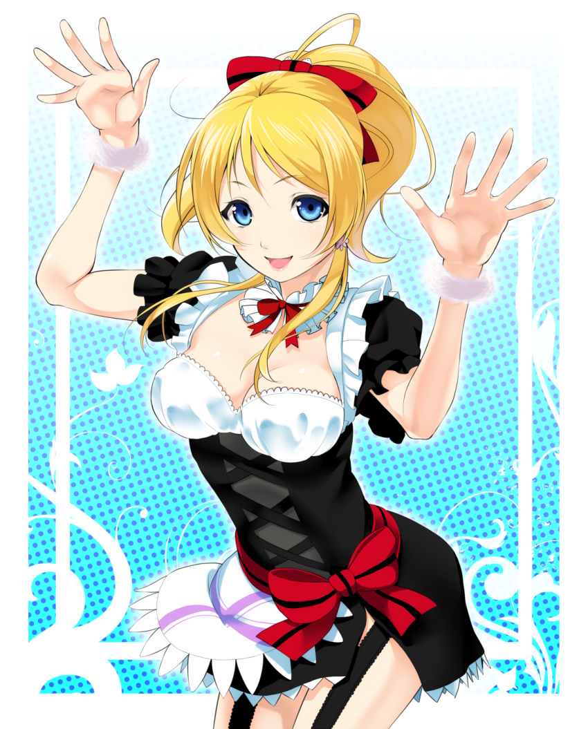 1girl apron arms_up ayase_eli blonde_hair blue_eyes bow bracelet breasts cleavage detached_collar earrings garter_straps hair_bow highres jewelry lipstick looking_at_viewer love_live!_school_idol_project makeup mattari_yufi open_mouth ponytail smile solo