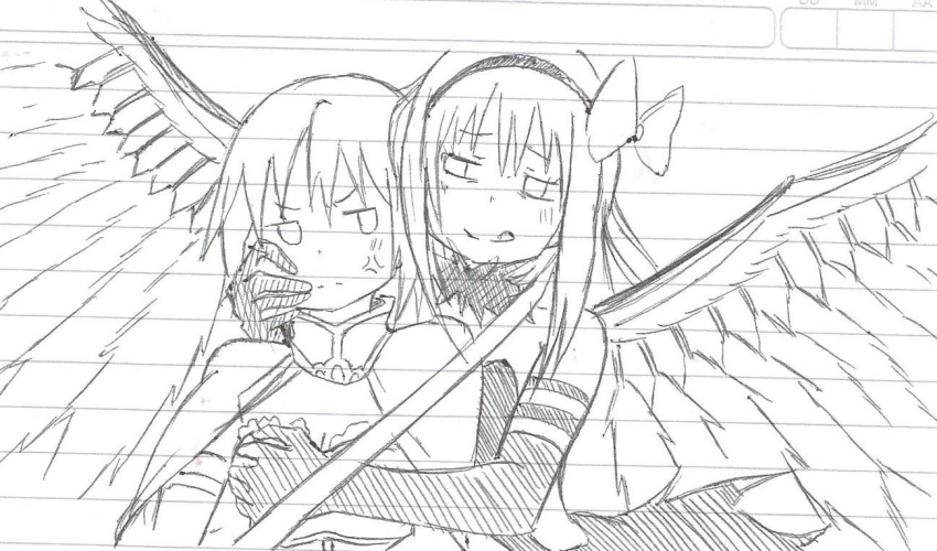 2girls :p akemi_homura akuma_homura anger_vein bare_shoulders black_gloves black_hair bow cape choker dress elbow_gloves eye_contact feathered_wings gloves groping hair_bow hand_on_another's_cheek hand_on_another's_face hug hug_from_behind lineart long_hair looking_at_another magical_girl mahou_shoujo_madoka_magica mahou_shoujo_madoka_magica_movie makochi_(busterbaster) miki_sayaka monochrome multiple_girls short_hair spoilers sword tongue tongue_out weapon wings you_gonna_get_raped yuri